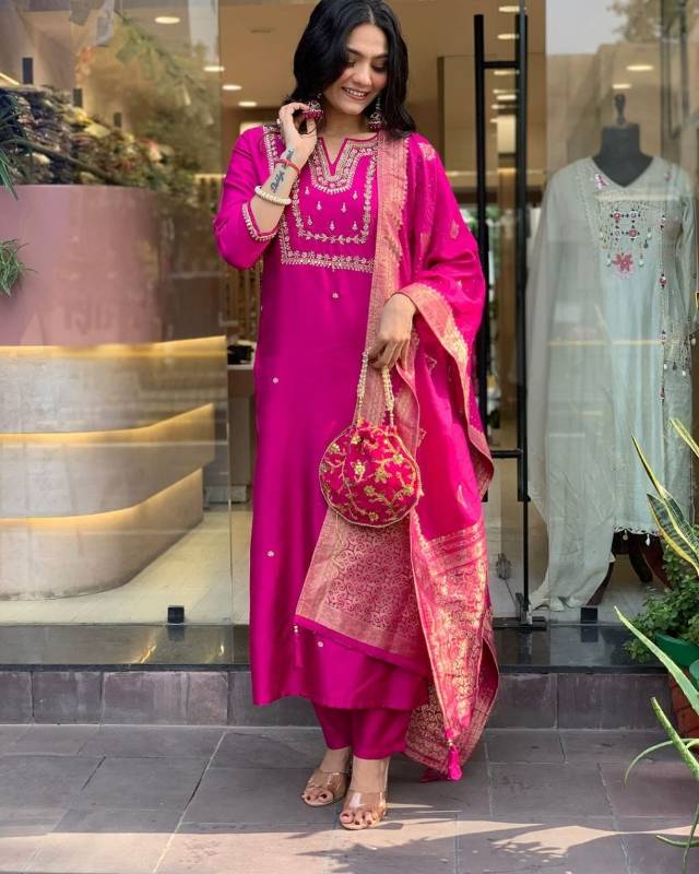 Premium Reyon Embroidered Kurti Set with Pant & Latkan Dupatta