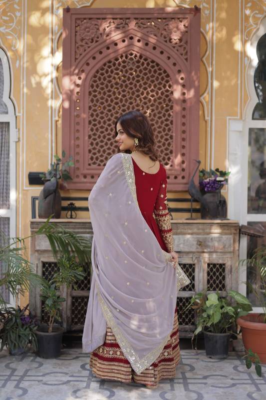 Faux Blooming Embroidered Gown with Zari Sequins Work | Fancy V Neck | Designer Dupatta