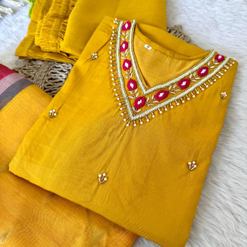 Premium Designer Kurti-Pant-Dupatta Set | Handwork Detailing | Roman Simmer Silk