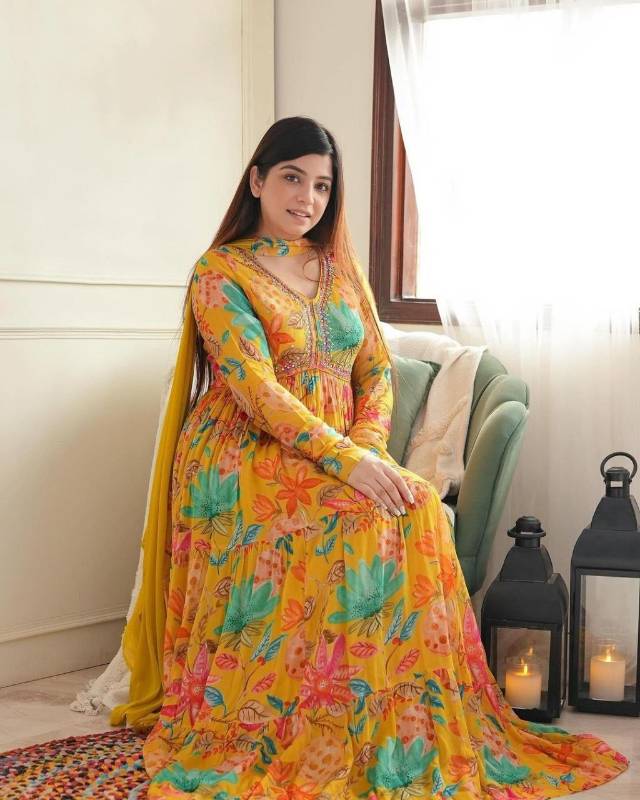 Glamorous Yellow Aliya Cut Ensemble Gown Pent With Dupatta