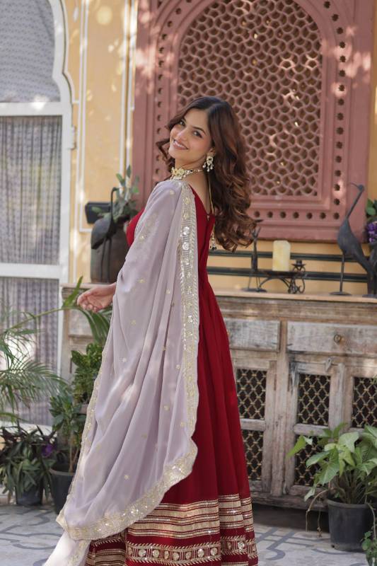 Faux Blooming Embroidered Gown with Zari Sequins Work | Fancy V Neck | Designer Dupatta