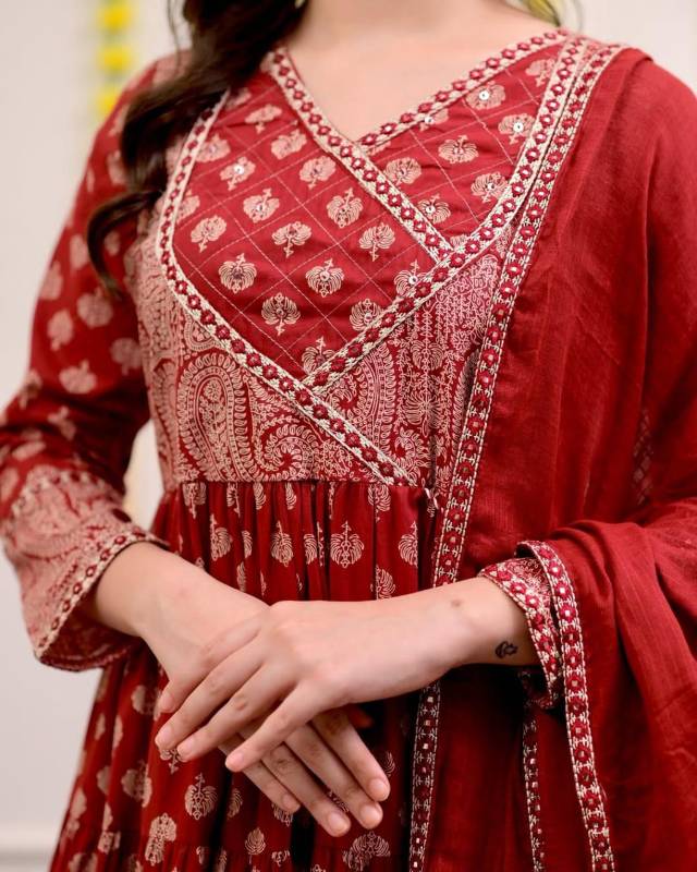 Dreamy Sanganeri Print Anarkali Kurta Set with Adda Work Detailing