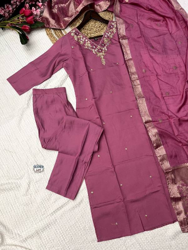 Heavy Roman Silk Kurti Set with Hand Embroidery, Zari Work & Banarasi Dupatta (3-Piece |
