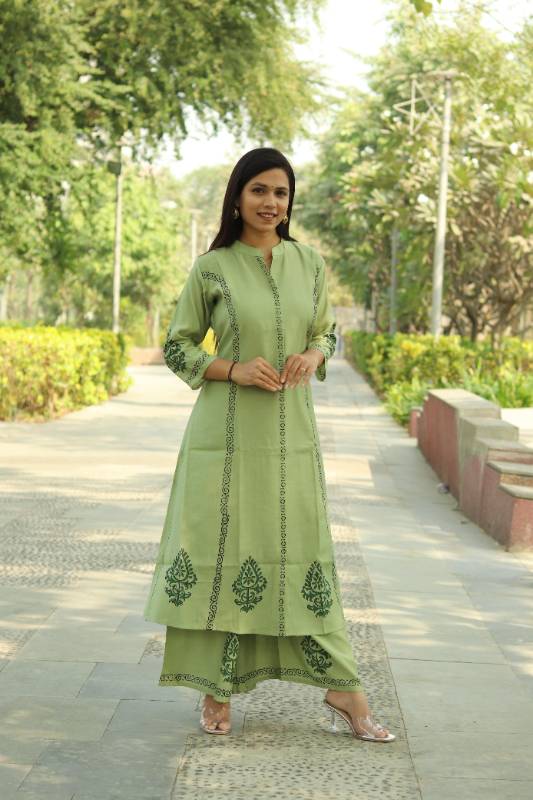 Elegant Roman Silk Kurti with Divided Palazzo - Block Print Collection