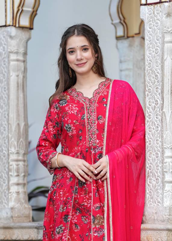 Beautiful ANARKALI KURTA With Heavy Reyon Embroidery Work On Yoke Along with Pant With Chiffon Duppata