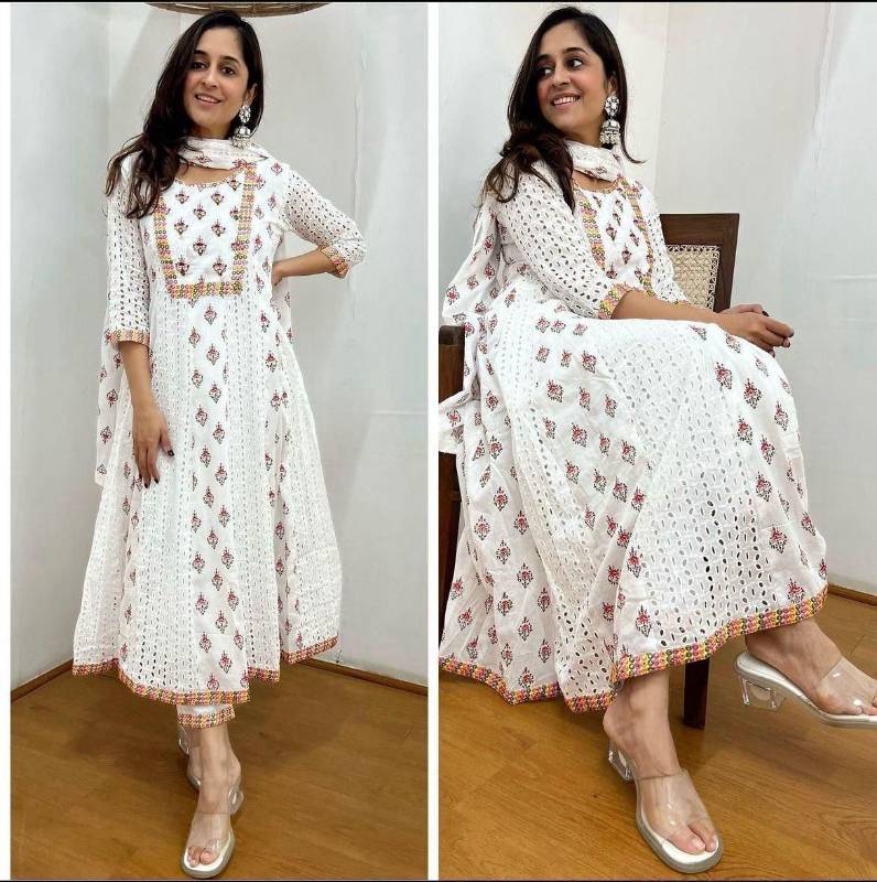 Premium Cotton Anarkali Chikankari Kurti Set with Mirror Embroidery & Malmal Dupatta