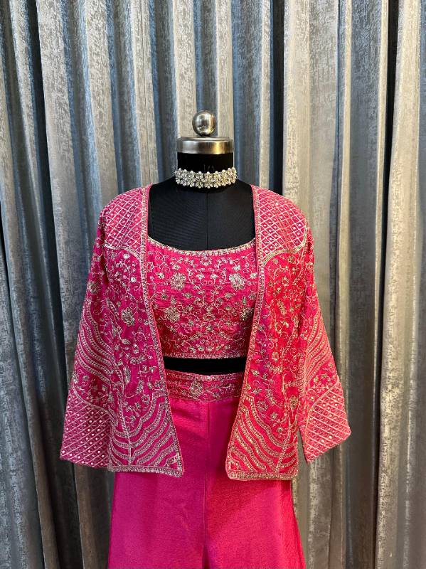 BB-13 | Elegant Rani Pink Chinon Palazzo Koti Blouse Set | Embroidered & Sequin Work | Free Size