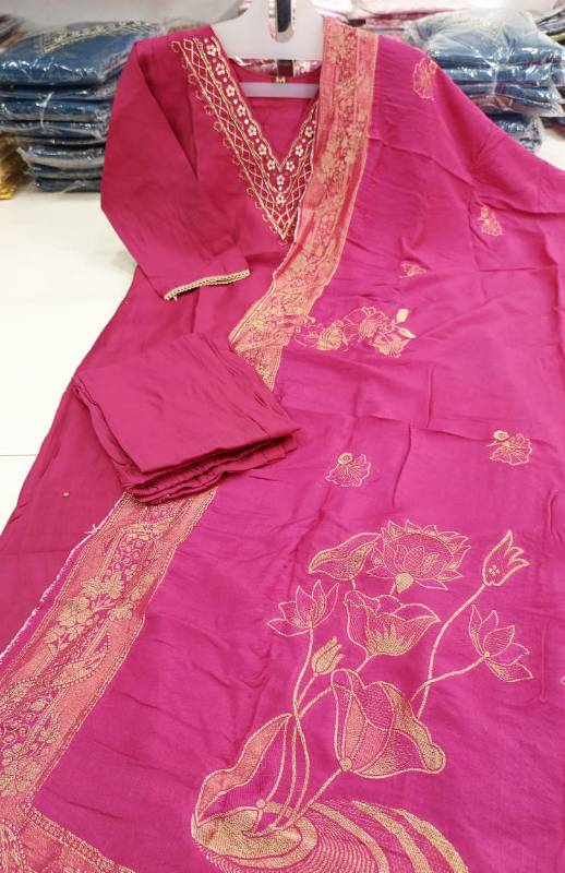 Wedding Season Special: Heavy Roman Silk Kurti Set with Jacquard Dupatta