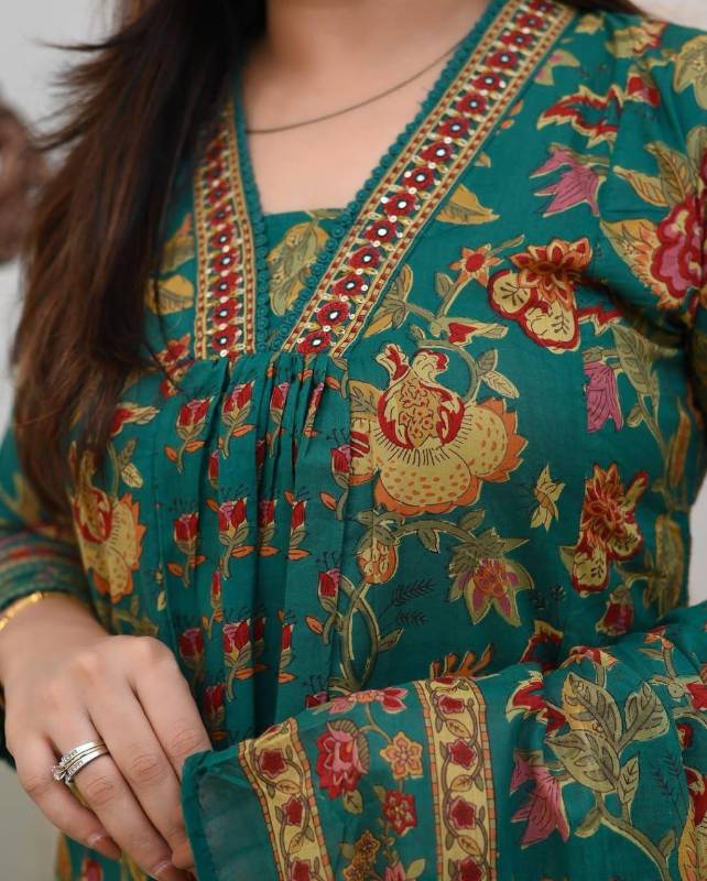 White Floral A-Line Cotton Pant Set with Matching Dupatta