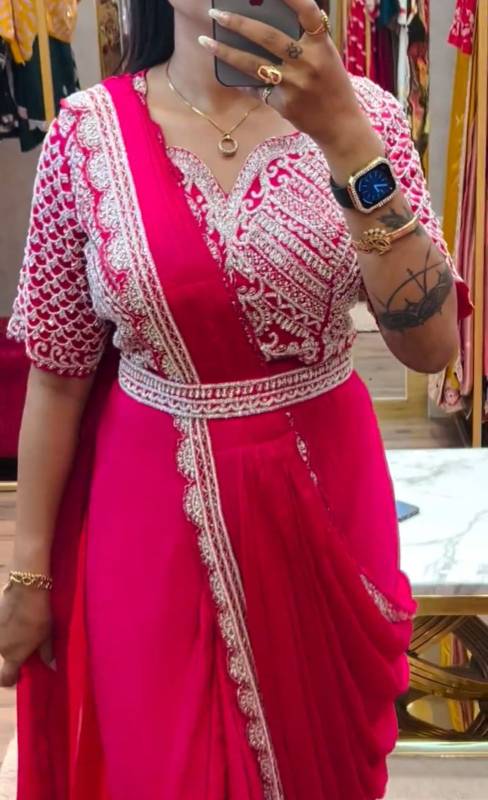 HB-184 Super Trending Embroidered Chinon Ready-to-Wear Saree with Belt & Blouse