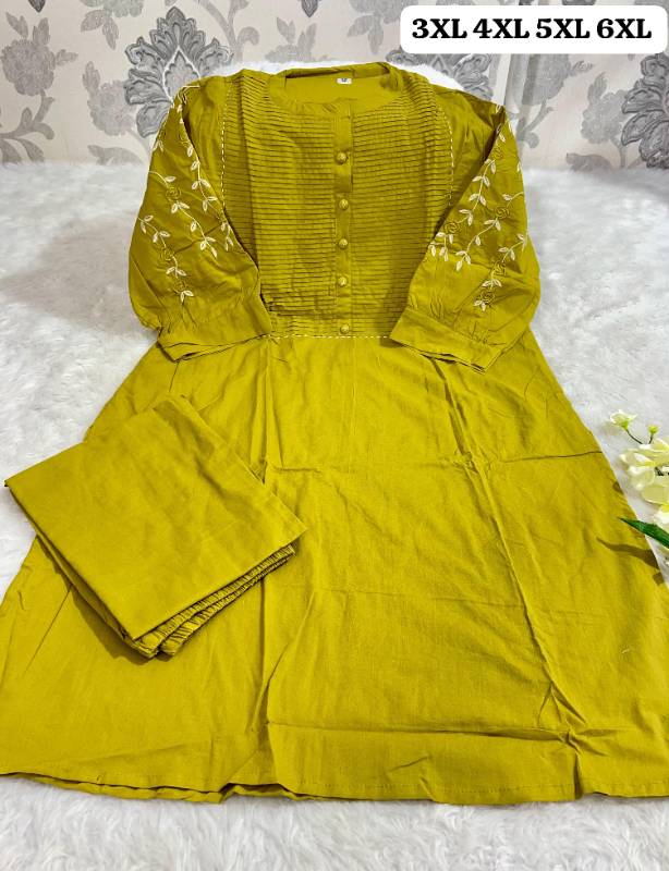 Big Size Special: Cotton Kurti Pant Set with Embroidery & Pintex Detailing