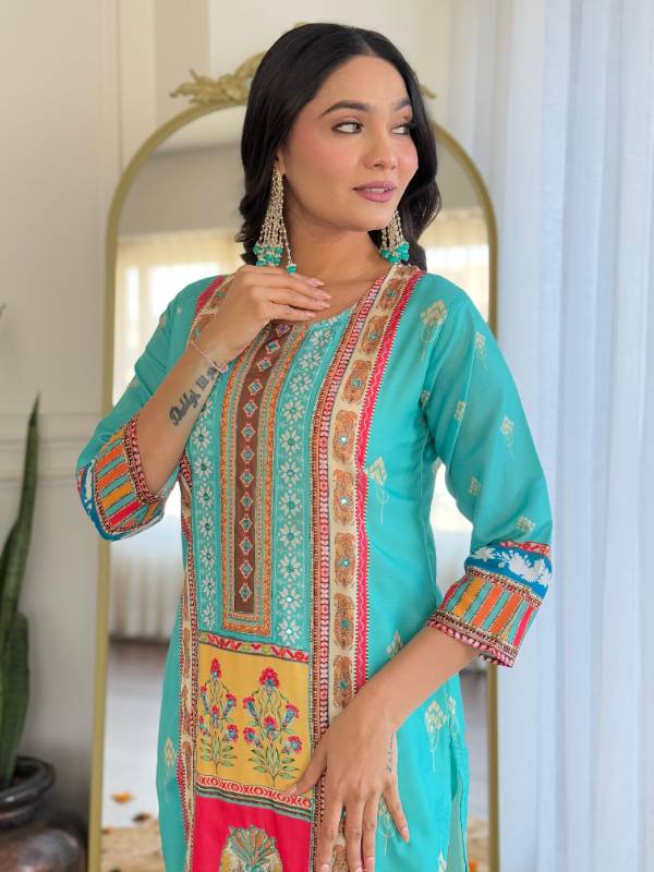 Elegant Pakistani Muslin Silk Suit with Digital Prints & Hand Mirror Work – 3-Piece Set