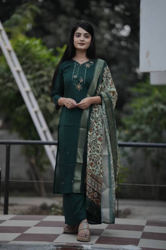 Elegant Bottle Green Maslin Silk Kurti Plazo Dupatta Set – Handcrafted Perfection
