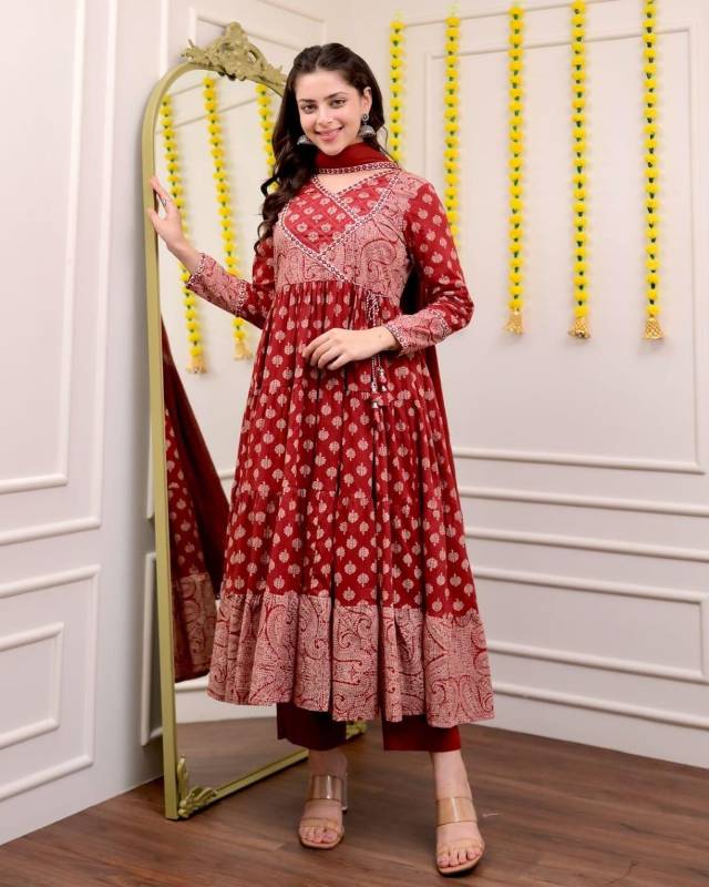 Dreamy Sanganeri Print Anarkali Kurta Set with Adda Work Detailing