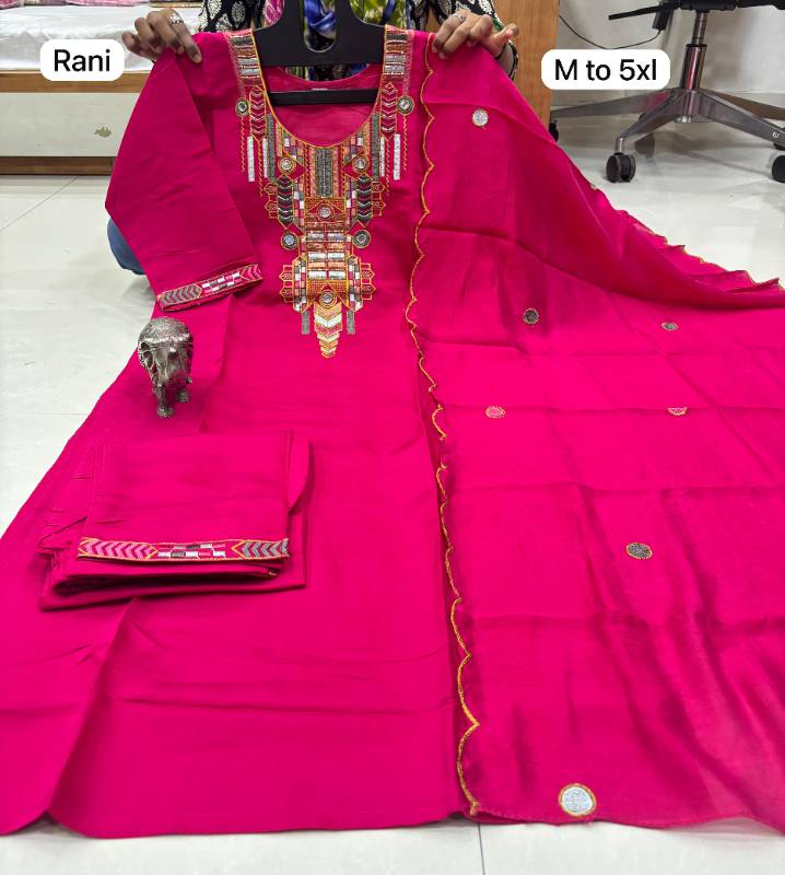 Premium Heavy Maslin Silk Kurti Pant Dupatta Set (M–5XL) – Handwork & Thread Work Detailing