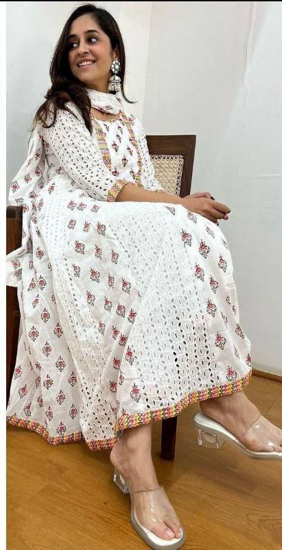 Premium Cotton Anarkali Chikankari Kurti Set with Mirror Embroidery & Malmal Dupatta