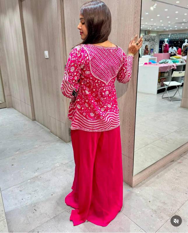 BB-13 | Elegant Rani Pink Chinon Palazzo Koti Blouse Set | Embroidered & Sequin Work | Free Size