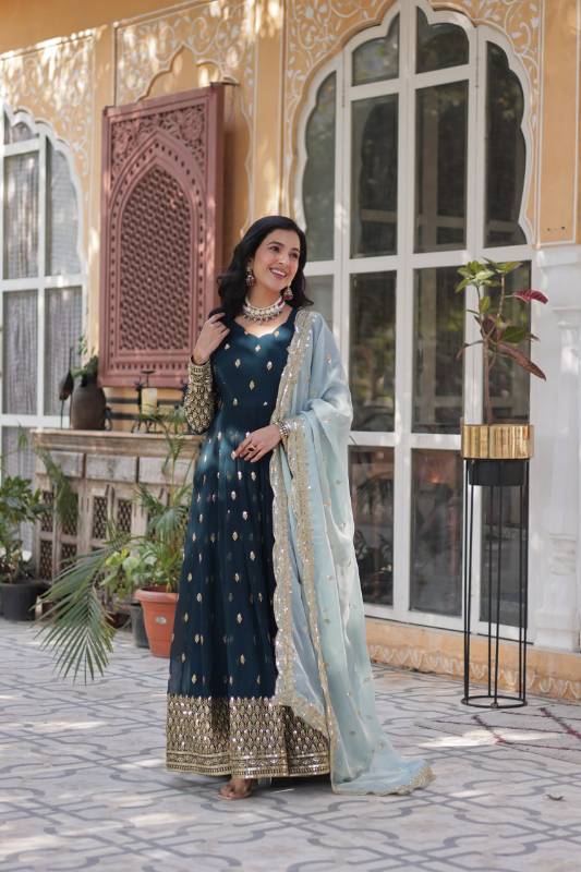 Faux Blooming Embroidered Gown with Tabby Silk Dupatta – KA-1136