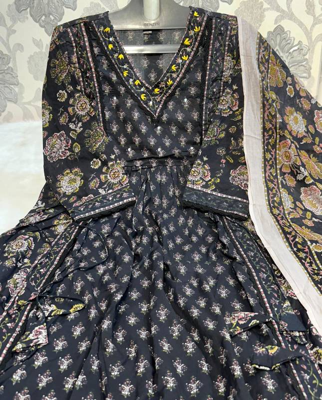 Elegant Navy Blue Floral Suit Set with Intricate Embroidery and Side Tassels | Premium Cotton"