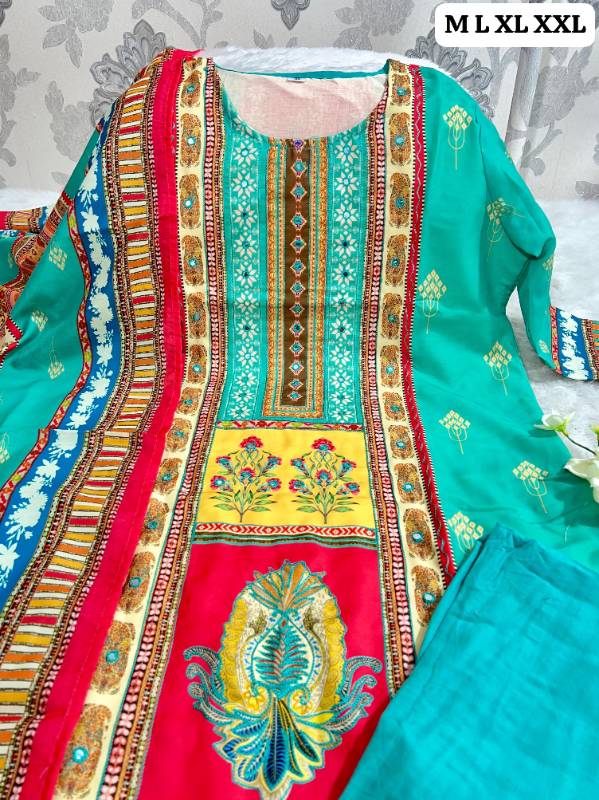 Elegant Pakistani Muslin Silk Suit with Digital Prints & Hand Mirror Work – 3-Piece Set