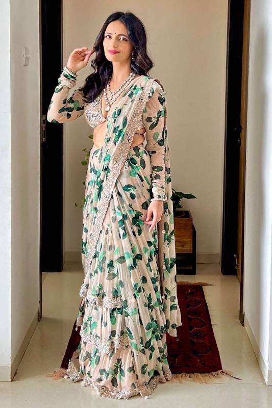 Designer Georgette Embroidered Saree with Ruffle and Resham Work
