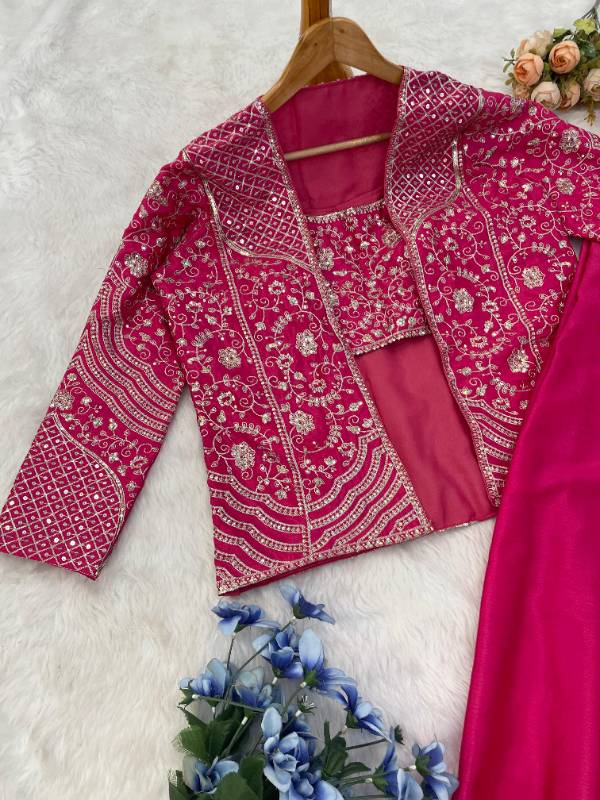 BB-13 | Elegant Rani Pink Chinon Palazzo Koti Blouse Set | Embroidered & Sequin Work | Free Size