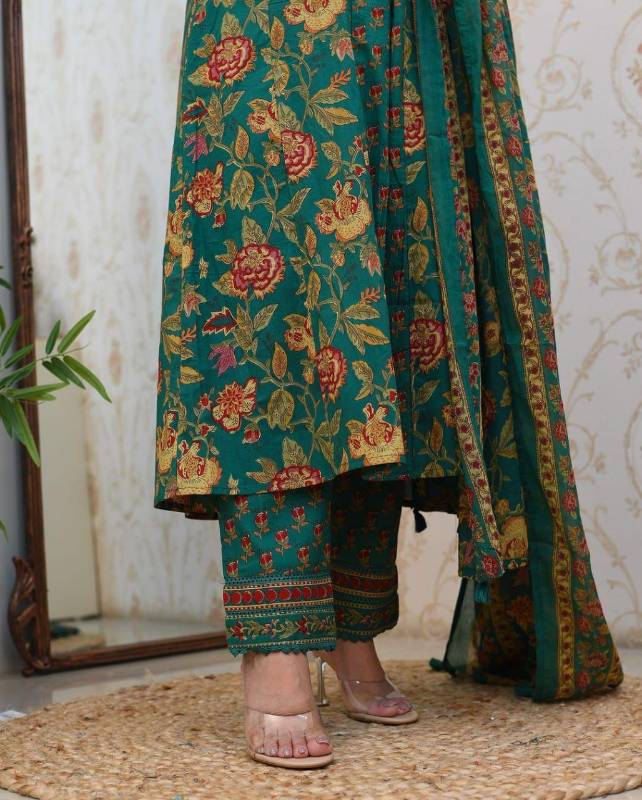 White Floral A-Line Cotton Pant Set with Matching Dupatta