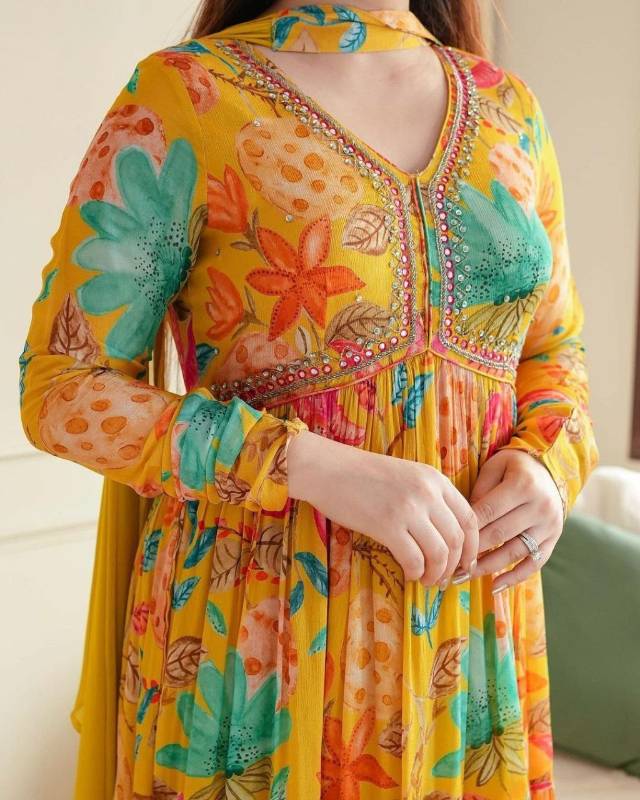 Glamorous Yellow Aliya Cut Ensemble Gown Pent With Dupatta