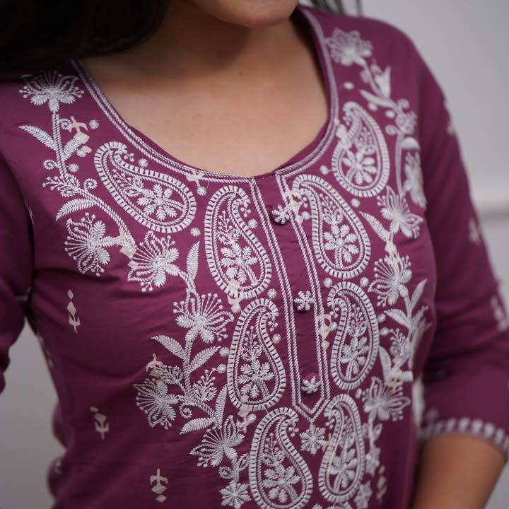 thereal Elegance Pure Cotton Ethnic Set - Embroidered Kurti, Pant, and Dupatta