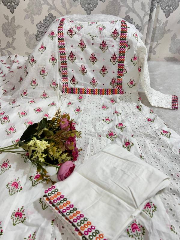 Premium Cotton Anarkali Chikankari Kurti Set with Mirror Embroidery & Malmal Dupatta
