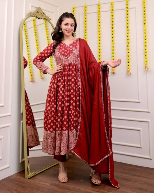 Dreamy Sanganeri Print Anarkali Kurta Set with Adda Work Detailing