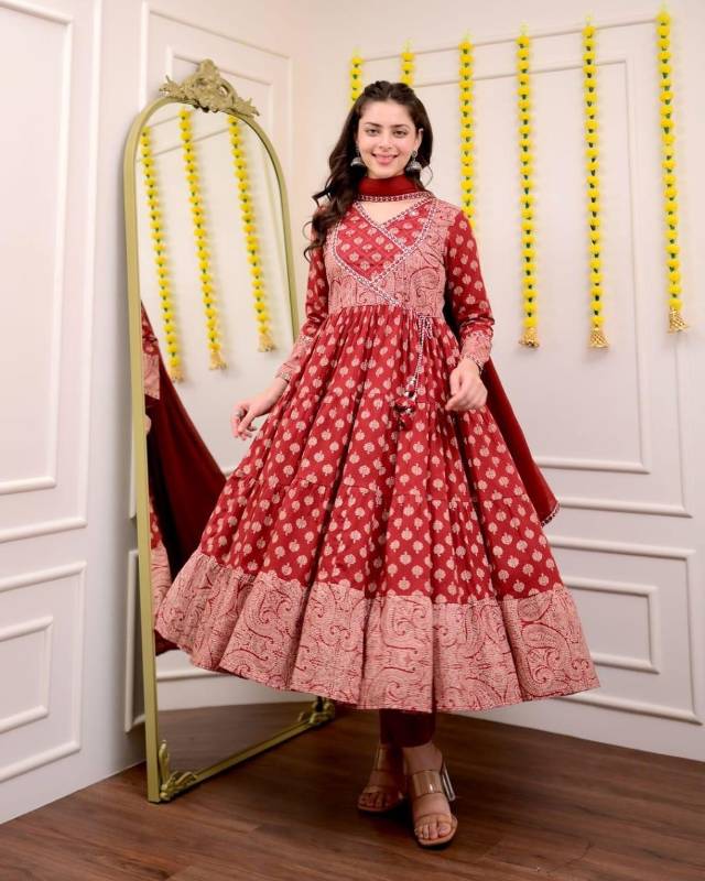 Dreamy Sanganeri Print Anarkali Kurta Set with Adda Work Detailing