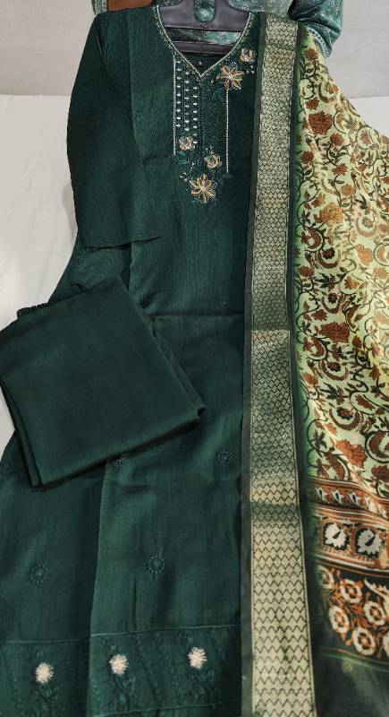 Elegant Bottle Green Maslin Silk Kurti Plazo Dupatta Set – Handcrafted Perfection