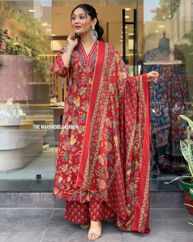 Jaipuri Cotton A Line Cut Kurti Pent With Dupatta
