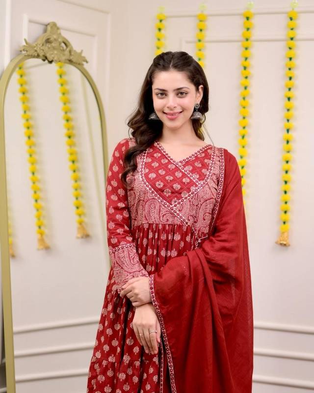Dreamy Sanganeri Print Anarkali Kurta Set with Adda Work Detailing