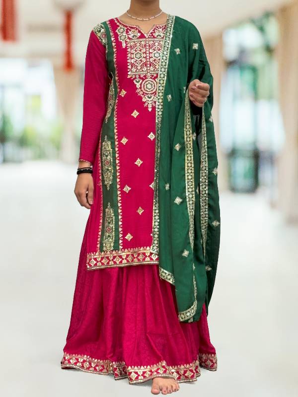 3-Piece Fancy Kurti Set with Beautiful Jacquard Sharara and Dupatta