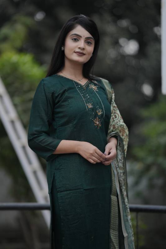 Elegant Bottle Green Maslin Silk Kurti Plazo Dupatta Set – Handcrafted Perfection