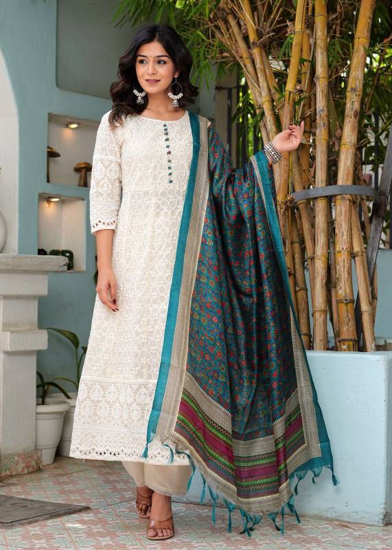 Classic Chikankari Cotton Anarkali Set with Digital Print Dupatta