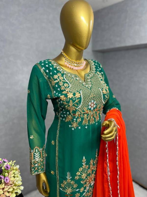 Elegant 3-Piece Kurti Set with Sharara and Dupatta - Embroidered Faux Georgette