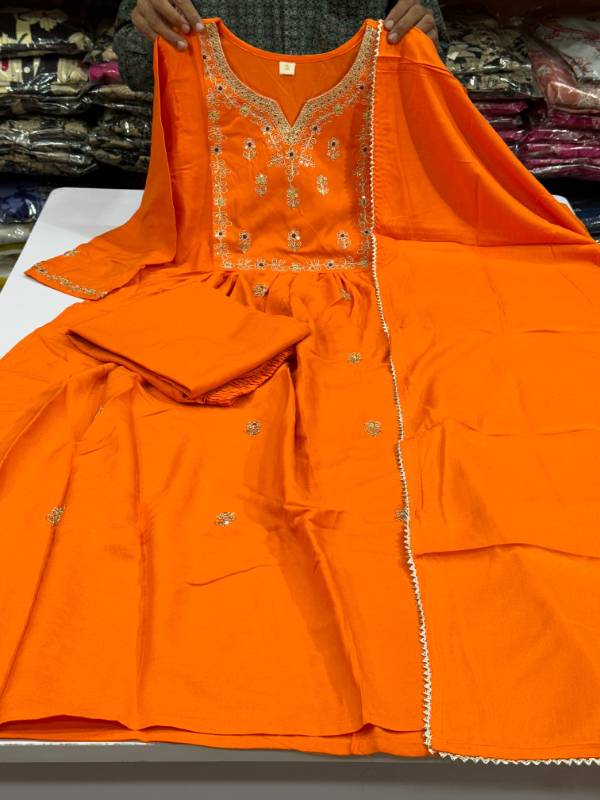 Elegant Rayon Kurta Pant Dupatta Set with Embroidery & Side Dori – Orange Celebration Wear