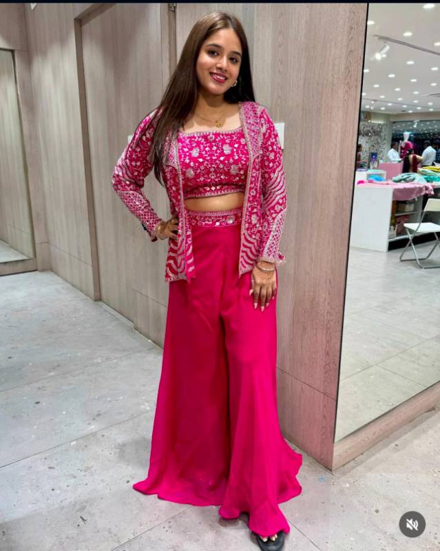 BB-13 | Elegant Rani Pink Chinon Palazzo Koti Blouse Set | Embroidered & Sequin Work | Free Size