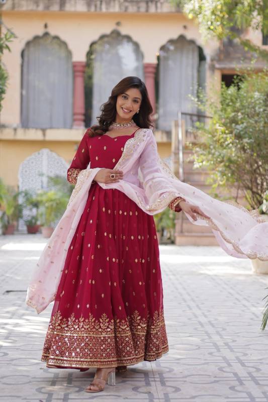 Faux Blooming Gown with Embroidery & Zari Sequins Work | Dupatta Included