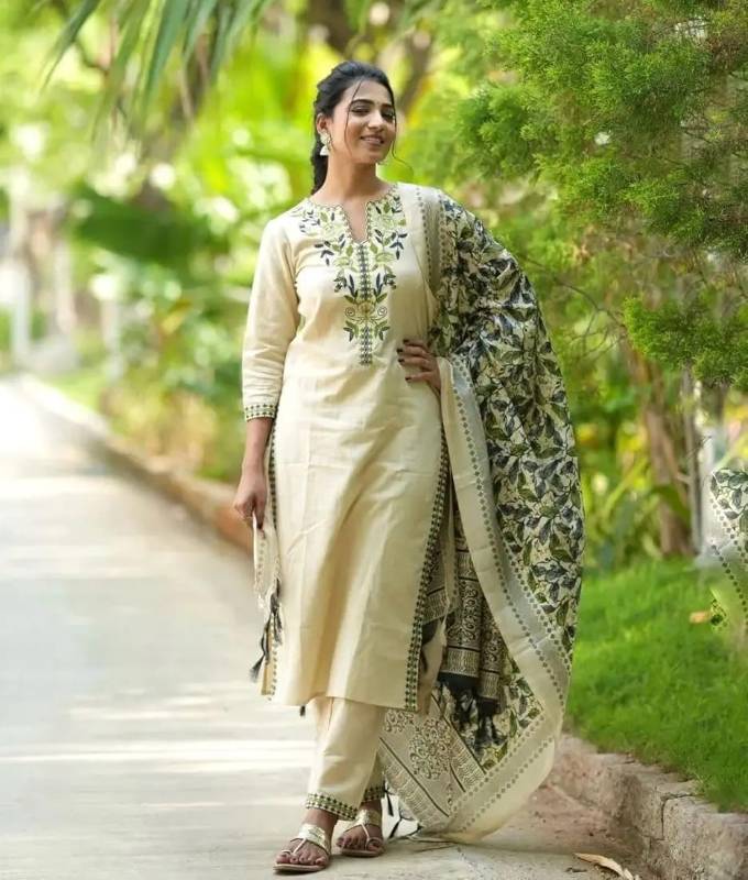 Premium Khadi Cotton kurti Pent With Dupatta Ensemble