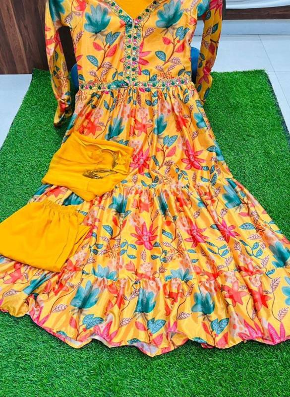 Glamorous Yellow Aliya Cut Ensemble Gown Pent With Dupatta