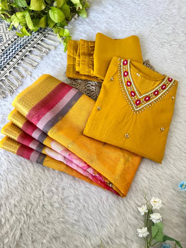 Premium Designer Kurti-Pant-Dupatta Set | Handwork Detailing | Roman Simmer Silk