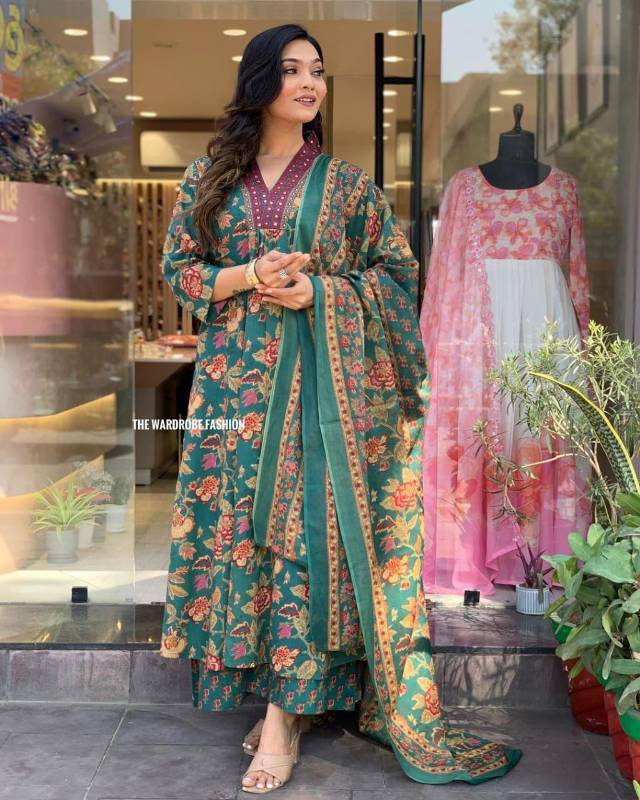 Jaipuri Cotton A Line Cut Kurti Pent With Dupatta