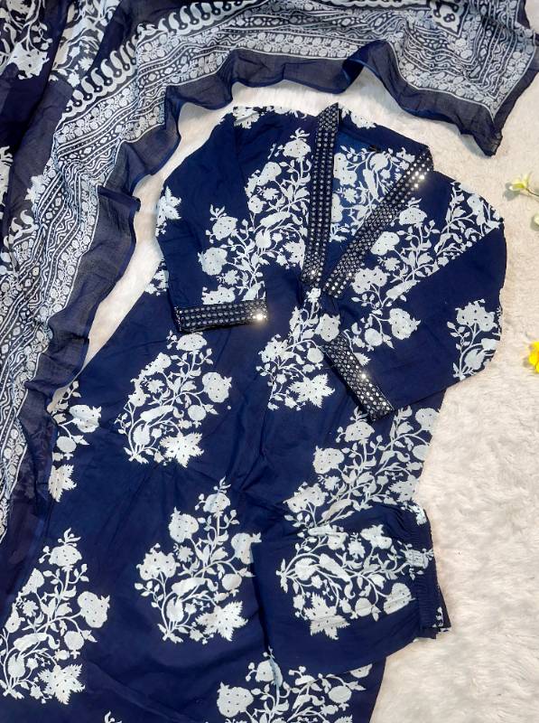 Elegant 3-Piece Anarkali Suit Set - Kurti, Palazzo & Dupatta (Cotton 60/60)