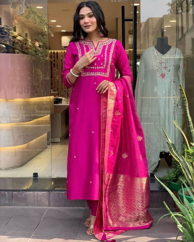 Premium Reyon Embroidered Kurti Set with Pant & Latkan Dupatta