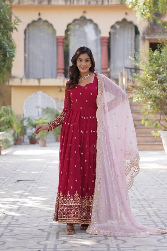 Faux Blooming Gown with Embroidery & Zari Sequins Work | Dupatta Included