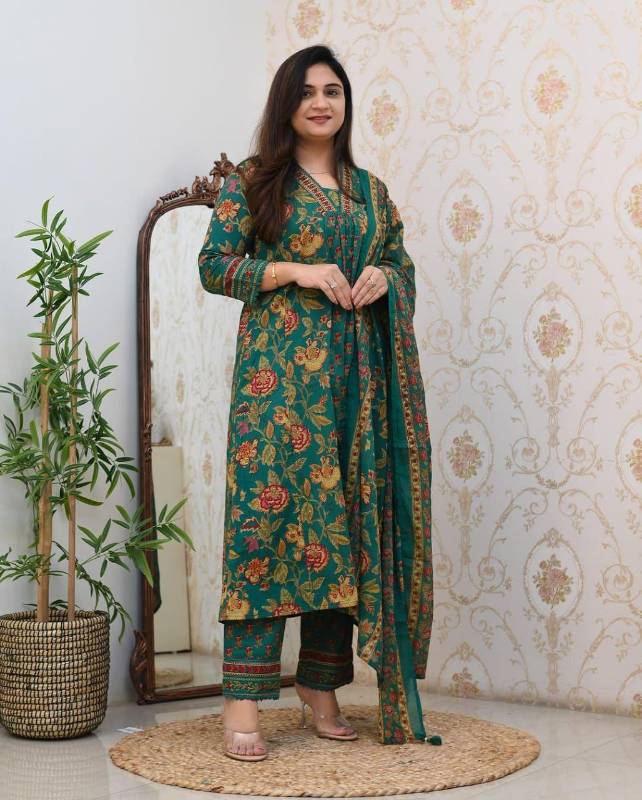 White Floral A-Line Cotton Pant Set with Matching Dupatta